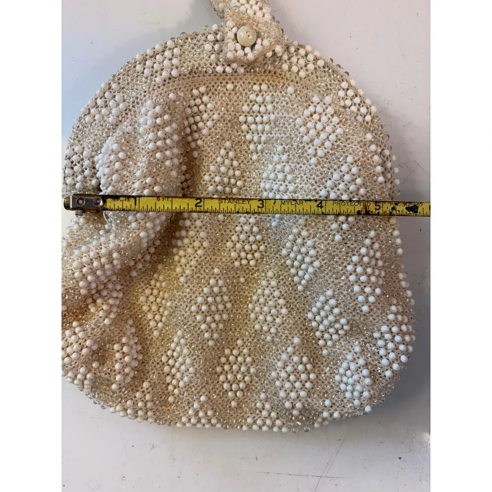 Vintage Beaded Wristlet Clutch Cream White Diamond Pattern Evening Bag 5.5" - Picture 4 of 8